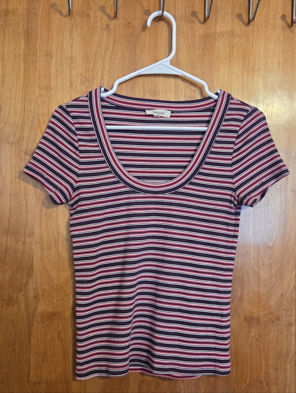 Madewell Pink, Purple & White Striped Scoop Neck Tee